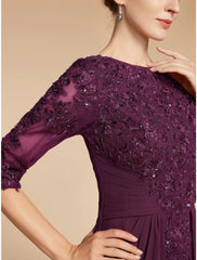 Aimishang  Sheath / Column Mother of the Bride Dress Wedding Guest Elegant Scoop Neck Floor Length Chiffon Lace Half Sleeve with Pleats Sequin