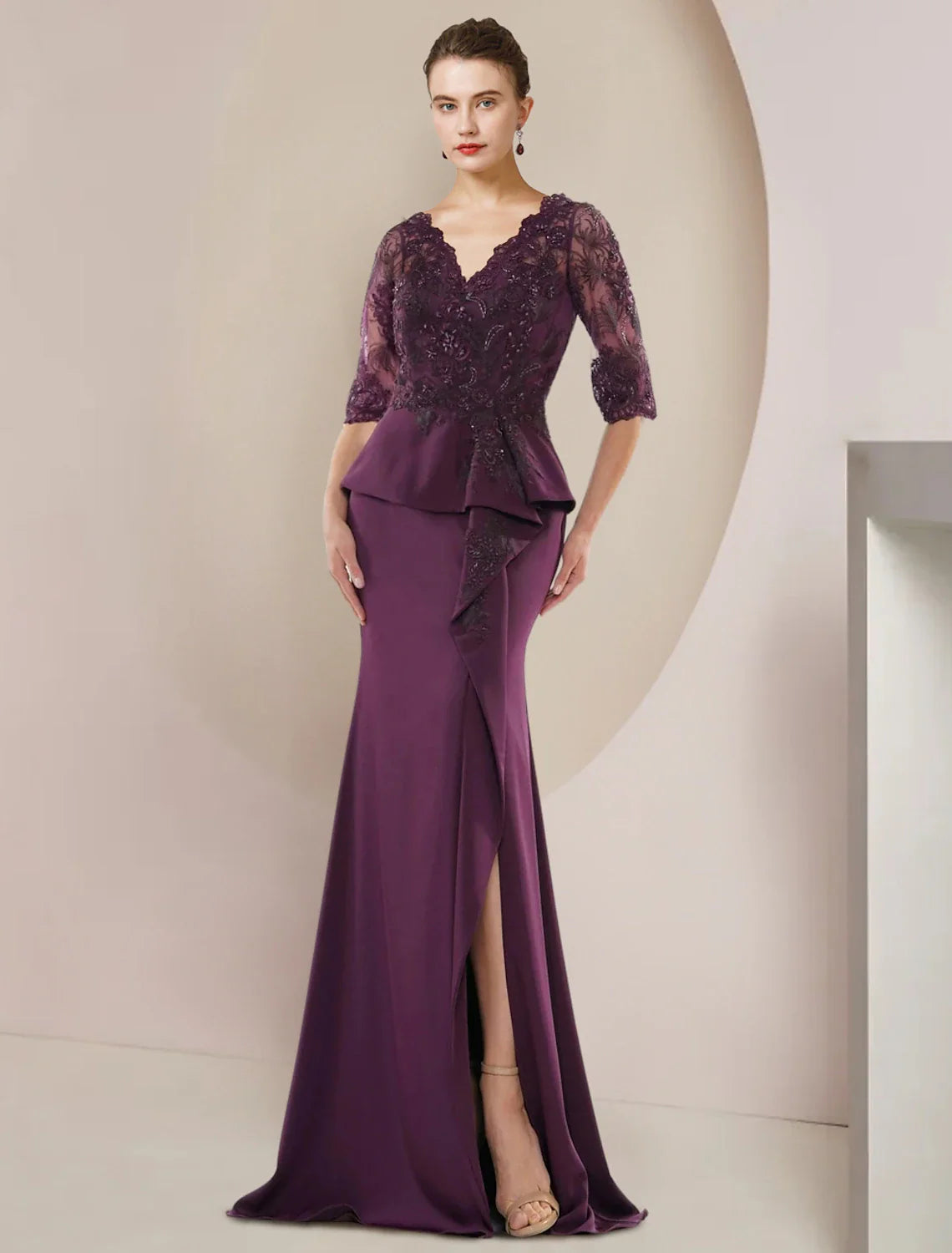 Aimishang  Mermaid / Trumpet Mother of the Bride Dress Formal Wedding Guest Luxurious Elegant V Neck Floor Length Lace Stretch Chiffon Half Sleeve with Beading Ruffles Appliques