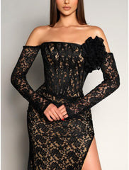 A-Line Evening Gown Elegant Dress Formal Sweep / Brush Train Long Sleeve Off Shoulder Lace with Slit Shouder Flower