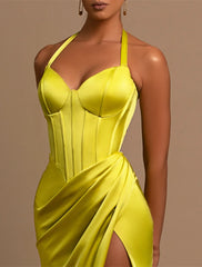 Mermaid / Trumpet Evening Gown Corsets Dress Formal Wedding Guest Floor Length Sleeveless Halter Neck Satin with Ruched Slit 2025