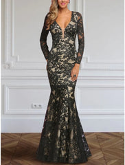 Mermaid / Trumpet Evening Gown Elegant Dress Formal Fall Floor Length Long Sleeve V Neck Lace with Pleats Embroidery