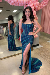 Mermaid Strapless Blue Sequins Long Prom Dresses