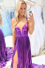A Line V Neck Purple Metallic Satin Pleat Prom Dresses
