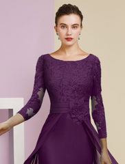 Mother of the Bride Dress Formal Elegant Scoop Neck Floor Length Chiffon Lace Sleeve with Appliques Flower