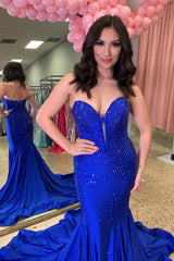 Mermaid Strapless Royal Blue Satin Long Prom Dresses