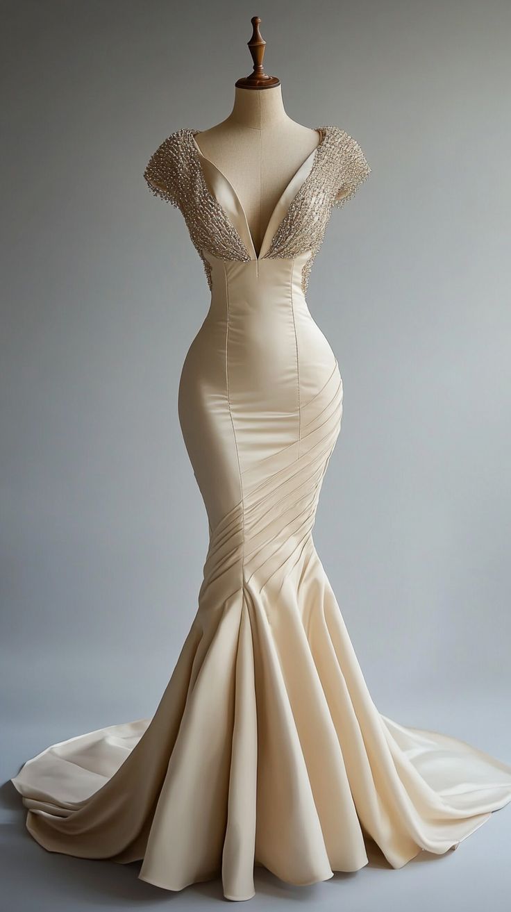 Champagne Mermaid Satin Beaded V-Neck Long Ball Dress, Elegant Evening Dress ED01345
