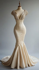 Champagne Mermaid Satin Beaded V-Neck Long Ball Dress, Elegant Evening Dress ED01345
