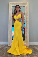 Mermaid V Neck Yellow Elastic Satin Prom Dresses