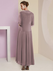 Two Piece A-Line Mother of the Bride Dress Formal Wedding Guest Elegant V Neck Lace Short Sleeve Wrap Included with Pleats Appliques