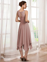 Two Piece A-Line Mother of the Bride Dress Elegant Tea Length Chiffon Lace Half Sleeve Wrap Included with Sash Ribbon
