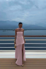 White Strapless Satin Chiffon Split Holiday Summer Prom Dress