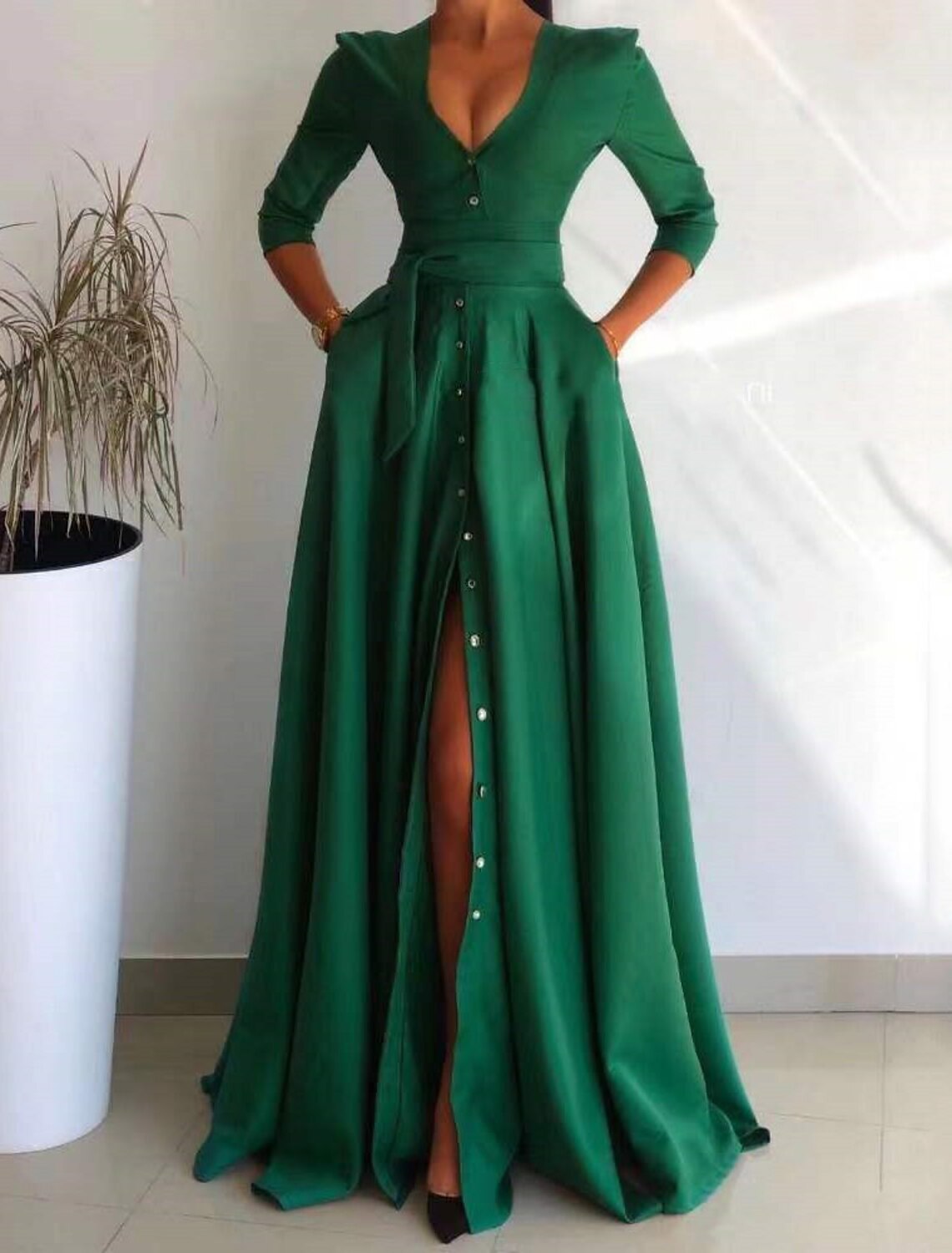 A-Line Evening Gown Elegant Dress Formal Christmas Sweep / Brush Train 3/4 Length Sleeve V Neck Satin with Buttons Slit