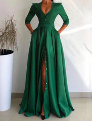 A-Line Evening Gown Elegant Dress Formal Christmas Sweep / Brush Train 3/4 Length Sleeve V Neck Satin with Buttons Slit