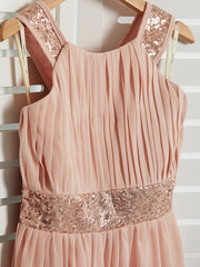 Daiada A-Line Jewel Neck Maxi Chiffon Flower Girl Dress With Lace Sash Ribbon