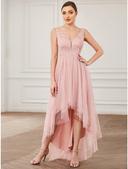 A-Line Bridesmaid Dress V Neck Sleeveless Elegant Short / Mini Lace / Tulle with Draping / Ruching  / High Low