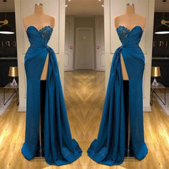 Dark Blue Sweetheart A-Line Side Slit Ruffles Fashion Prom Dress
