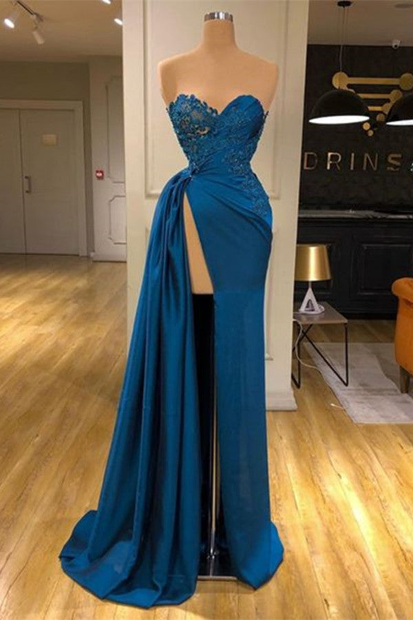 Dark Blue Sweetheart A-Line Side Slit Ruffles Fashion Prom Dress