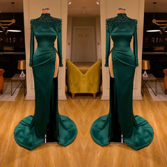 Dark Green High Neck Long Sleeves Crystal Side Slit Prom Dress