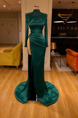 Dark Green High Neck Long Sleeves Crystal Side Slit Prom Dress