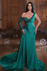 Dark Green Long Sleeves One Shoulder Mermaid Evening Prom Dress With Ruffles