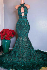Dark Green Mermaid Halter Crystal Prom Dress with Keyhole