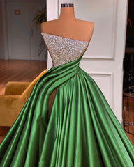 Dark Green Sequins Strapless Split Front Sleeveless Prom Dress