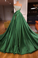 Dark Green Sequins Strapless Split Front Sleeveless Prom Dress