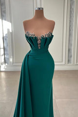 Dark Green Sheath Strapless Long Beadings Prom Dress