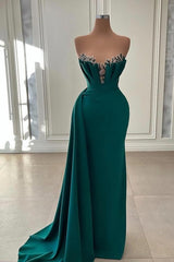 Dark Green Sheath Strapless Long Beadings Prom Dress