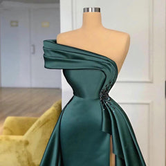 Dark Green Soft Satin Off-Shoulder Ruffles Tiered Side Slit Prom Dress