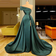 Dark Green Soft Satin Off-Shoulder Ruffles Tiered Side Slit Prom Dress