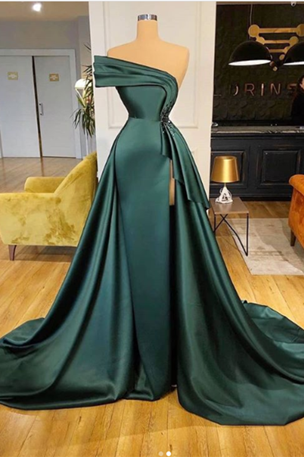 Dark Green Soft Satin Off-Shoulder Ruffles Tiered Side Slit Prom Dress