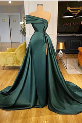 Dark Green Soft Satin Off-Shoulder Ruffles Tiered Side Slit Prom Dress