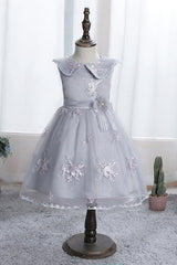 Dazzling Blue Appliques Tulle Knee Length Flower Girl Dress