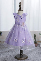 Dazzling Blue Appliques Tulle Knee Length Flower Girl Dress