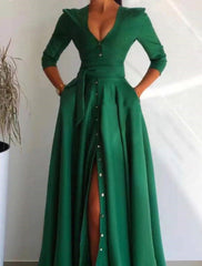 A-Line Evening Gown Elegant Dress Formal Christmas Sweep / Brush Train 3/4 Length Sleeve V Neck Satin with Buttons Slit