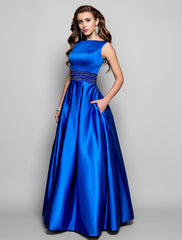 A-Line Elegant Dress Wedding Guest Prom Floor Length Sleeveless Boat Neck Pocket Satin with Pleats Beading