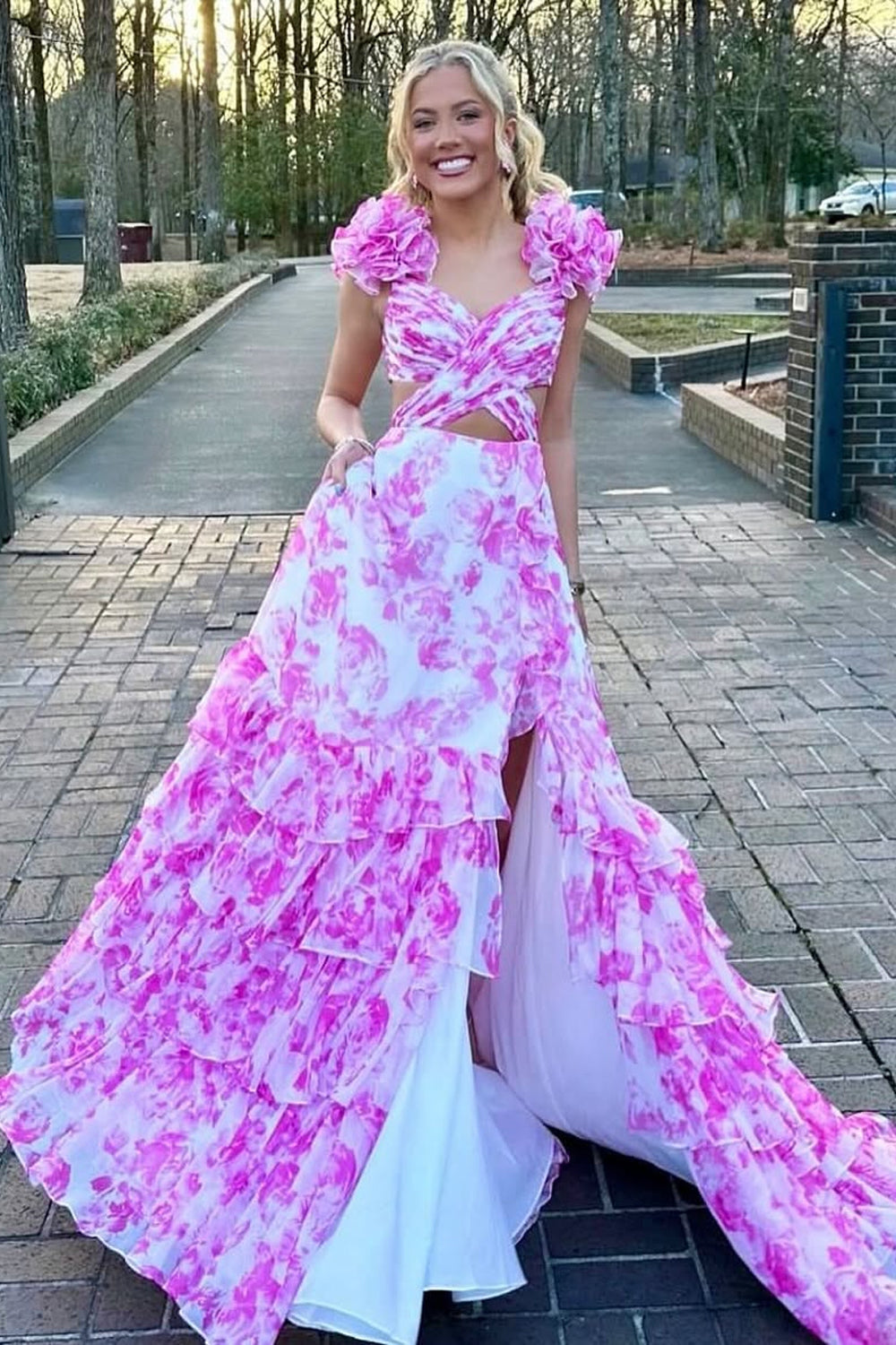 V Neck Pink Floral Printed Long A-Line Chiffon Prom Dresses