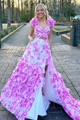 V Neck Pink Floral Printed Long A-Line Chiffon Prom Dresses