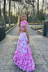 V Neck Pink Floral Printed Long A-Line Chiffon Prom Dresses