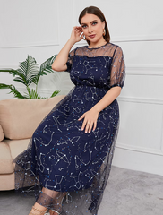 Plus Size Curve Mother of the Bride Dress Party Sparkle Shine Neck Ankle Length Tulle Half Sleeve with Sequin Embroider