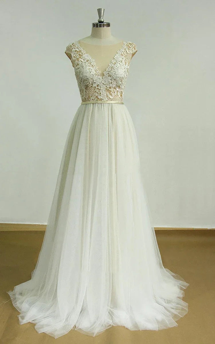 Illusion Deep V-Neck Open Back Tulle Lace Appliques Wedding Dress with Sweep Train