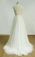 Illusion Deep V-Neck Open Back Tulle Lace Appliques Wedding Dress with Sweep Train