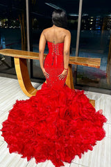 Deep V-Neck Red Lace Up Mermaid Ruffles Sexy Prom Dress