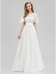 A-Line Prom Dresses Empire Dress Wedding Guest Prom Floor Length Short Sleeve Jewel Neck Bridesmaid Dress Tulle with Sequin Appliques