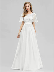A-Line Prom Dresses Dress Wedding Guest Floor Length Short Sleeve Tulle with Sequin Appliques