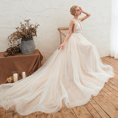 Designer Scoop Tulle Wedding Dress With Lace Appliques and Open Back