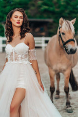 Detachable Lace Spaghetti-Strap Wedding Dress with Split Sleeves