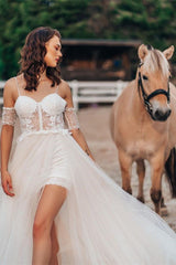 Detachable Lace Spaghetti-Strap Wedding Dress with Split Sleeves
