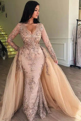 Detachable Overskirt Long Sleeves Prom Dress Mermaid Lace Evening Gowns